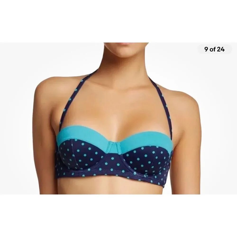 Spanx 2696 Polka Dot Blue Bikini Top Retro Balconette Bra Shaping Swim Suit
